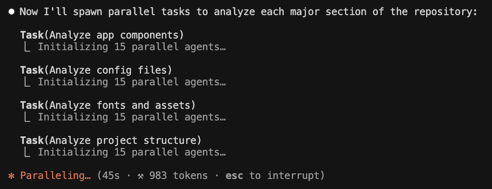Claude Code spawning parallel tasks to analyze each major section of a repository